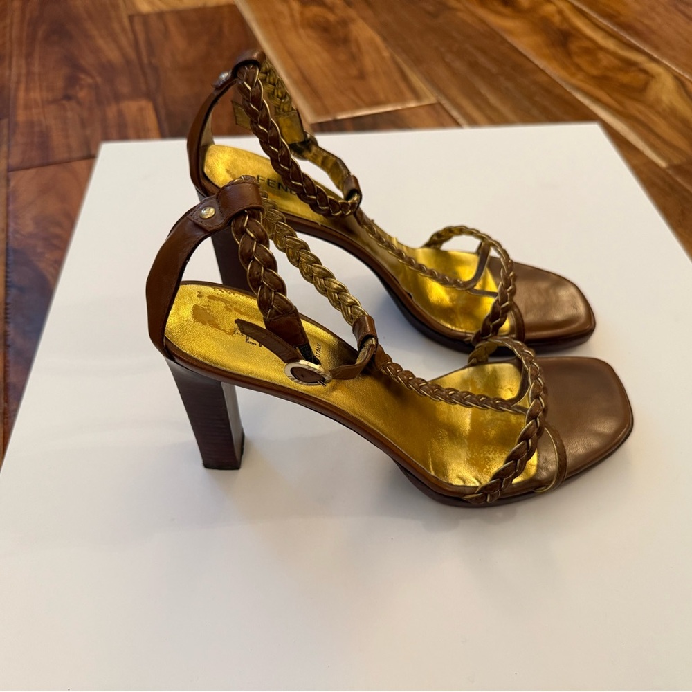 Fendi Elegant Brown with Gold Detail Braided Strap Heels